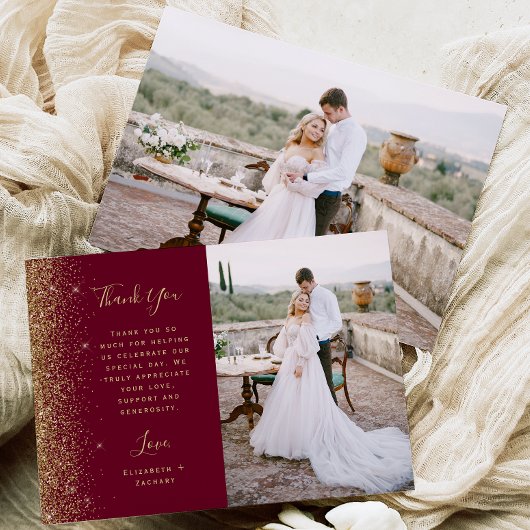 Photo Burgundy Red Gold Glitter Script Wedding Dankeskarte