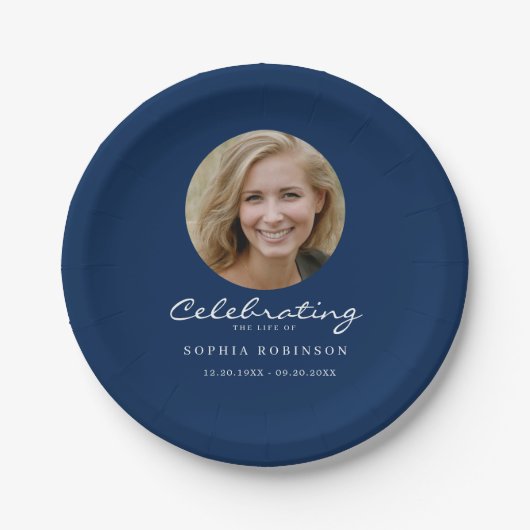 Photo Celebration of Life Funeral Memorial Blue Pappteller (Vorderseite)