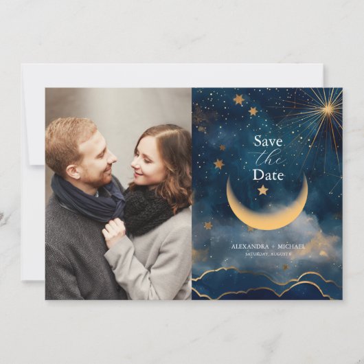Photo Celestial Midnight Blue Stars Moon Wedding Save The Date (Vorderseite)