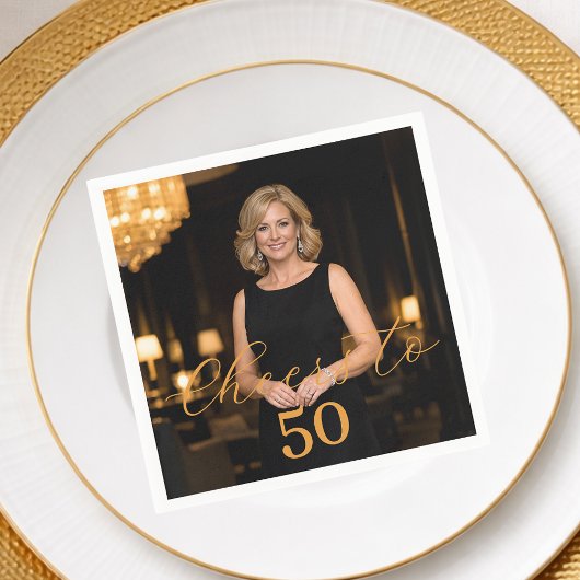 Photo cheers elegant script gold birthday serviette