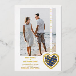 Photo Chic Elegant Navy Blue & Golden Heart Couple Folieneinladung