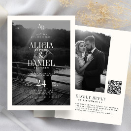 Photo classic black and ivory QR code RSVP wedding Einladung