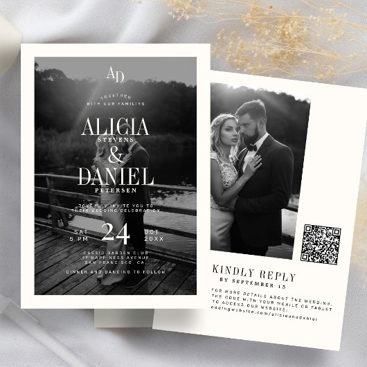 Photo classic black and ivory QR code RSVP wedding Einladung
