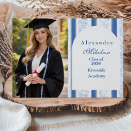 Photo Classic Blue Toile Graduation Party Ankündigung