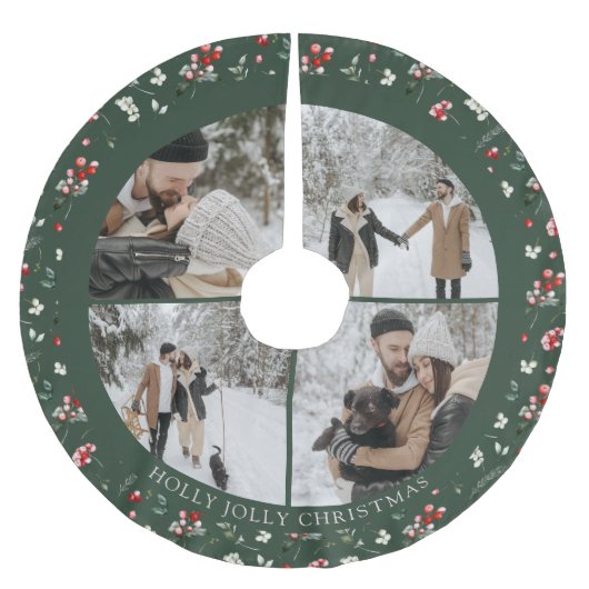 Photo Collage Berry Pattern Green Polyester Weihnachtsbaumdecke (Vorderseite)