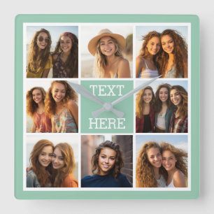 Photo Collage Custom Monogram Mint Green Quadratische Wanduhr