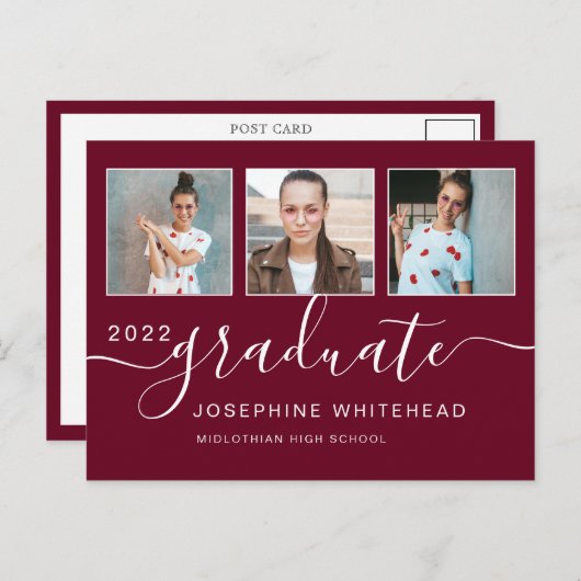 Photo Collage Graduation Minimal Burgundy Postkarte (Vorne/Hinten)