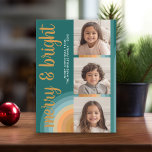Photo Collage - Merry and Bright Curvy Line Art Feiertagskarte<br><div class="desc">Teal greens and golds make this a funky and retro Christmas Photo Card -- something that is different and stands our from the rest - A merry and bright holiday greeting with a rustic script calligraphy greeting. You can choose three of your favorite photos to make this a very modern...</div>