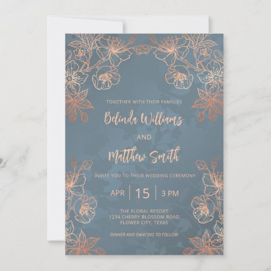 Photo Copper Gold Dusty Blue Wedding Einladung (Vorderseite)