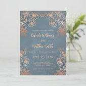 Photo Copper Gold Dusty Blue Wedding Einladung (Stehend Vorderseite)