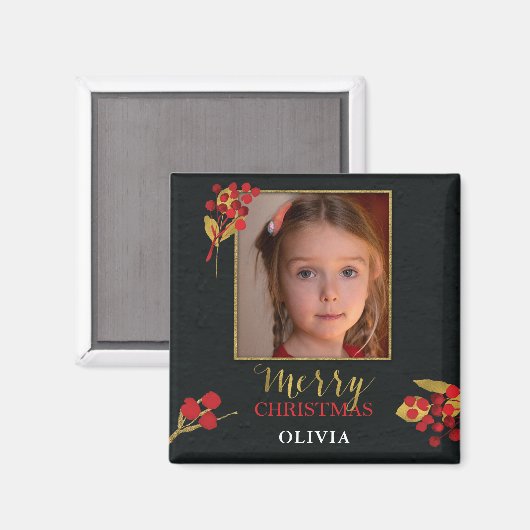 Photo Customizable Christmas Card, Black Gold Red Magnet (Vorderseite/Rückseite)