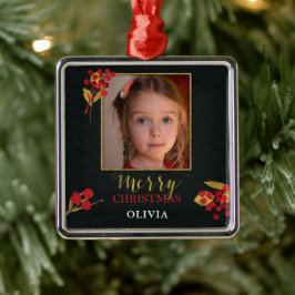 Photo Customizable Christmas Card, Black Gold Red Ornament Aus Metall