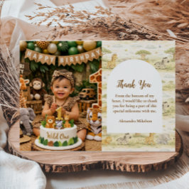 Photo Cute Neutral Safari Animals First Birthday Dankeskarte