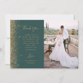 Photo Dark Green Gold Glitter Script Wedding Dankeskarte (Vorderseite)