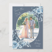 Photo Dusty Blue Script Floral Save the Date Card Einladung (Vorderseite)