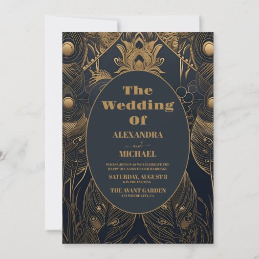 Photo Elegant Art Deco Peacocks Wedding Einladung (Vorderseite)