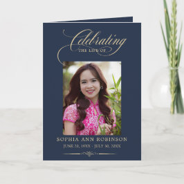 Photo Elegant Blue Gold Funeral Keepsake Program Karte