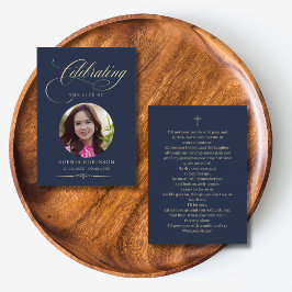 Photo Elegant Blue Gold Funeral Prayer Cards Visitenkarte