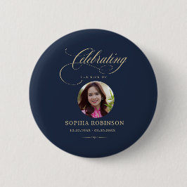 Photo Elegant Blue Gold Script Funeral Memorial Button