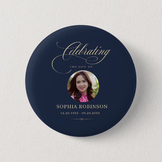 Photo Elegant Blue Gold Script Funeral Memorial Button (Vorderseite)