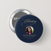 Photo Elegant Blue Gold Script Funeral Memorial Button (Vorne & Hinten)