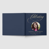 Photo Elegant Blue Gold Script Funeral Memorial Gästebuch (Voll)