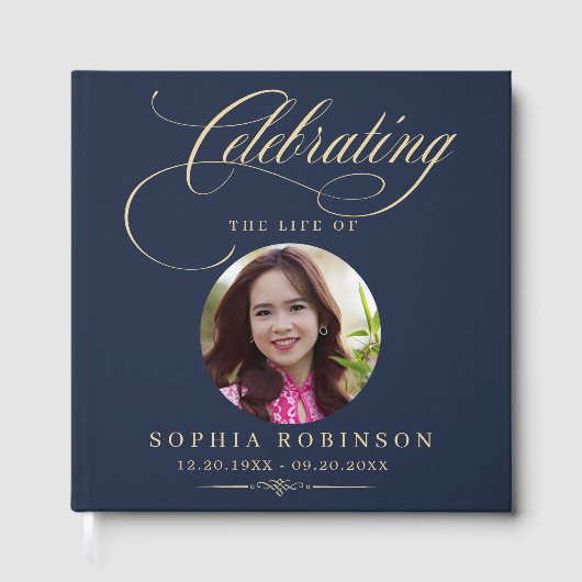 Photo Elegant Blue Gold Script Funeral Memorial Gästebuch (Vorderseite)