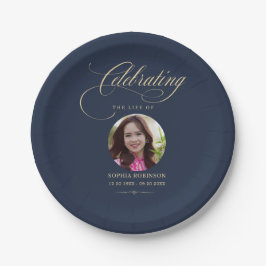Photo Elegant Blue Gold Script Funeral Memorial Pappteller