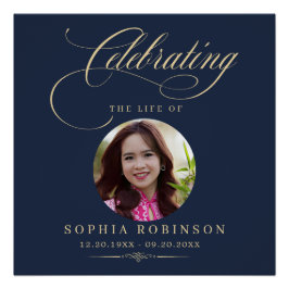 Photo Elegant Blue Gold Script Funeral Memorial Poster