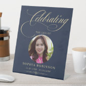 Photo Elegant Blue Gold Script Funeral Memorial Sockelschild (In Situ)