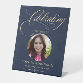 Photo Elegant Blue Gold Script Funeral Memorial Sockelschild