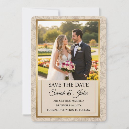 Photo Elegant Minimalist Gold Frame & Floral Save The Date (Vorderseite)