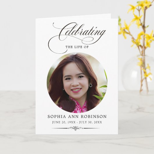 Photo Elegant Script Memorial Remembrance Program  Karte (Gelbe Blume)