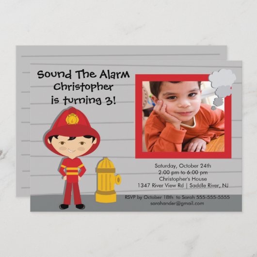 Photo Fireman Boy Firetruck Birthday Party Einladung (Vorne/Hinten)