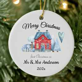 Photo First Christmas As Mr & Mrs Newlyweds Round Keramik Ornament