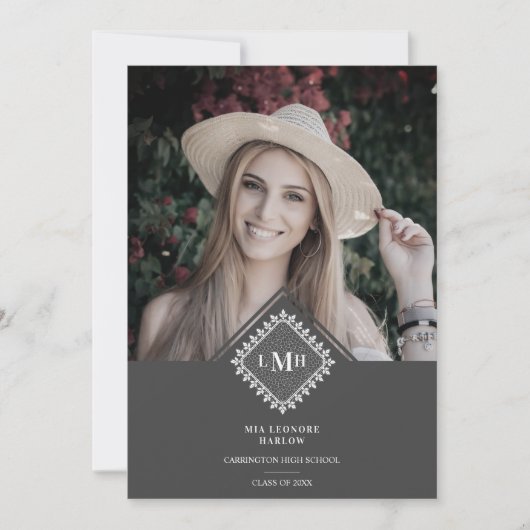 Photo Graduation Party Chic Initial Lace Romantic Einladung (Vorderseite)