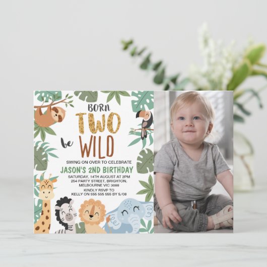 Photo Green Brown Born Two Be Wild 2nd Birthday Einladung (Stehend Vorderseite)