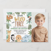 Photo Green Brown Young Wild Three 3rd Birthday Einladung (Vorderseite)