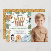 Photo Green Brown Young Wild Three 3rd Birthday Einladung (Vorne/Hinten)
