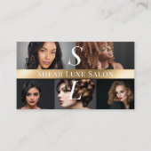 Photo Hair Salon Stylist Luxe Monogram Black Gold Visitenkarte (Vorderseite)