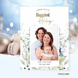 Photo, Happiest Holidays, Winter Greenery Holiday Postkarte