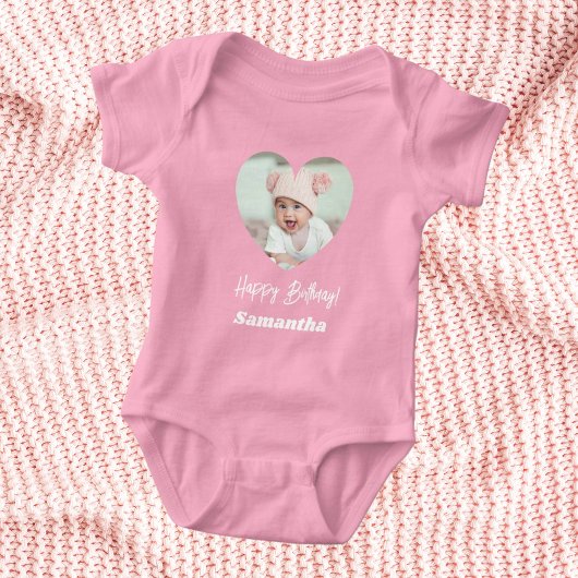 Photo heart name birthday baby girl pink baby strampler