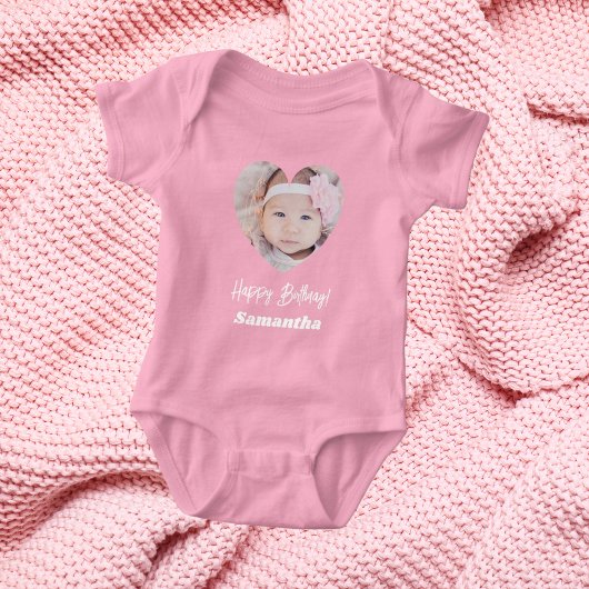 Photo heart name birthday girl pink baby strampler