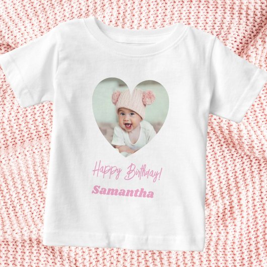 Photo heart name birthday girl pink baby t-shirt