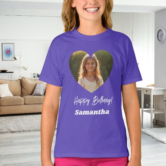 Photo heart name birthday girl purple T-Shirt