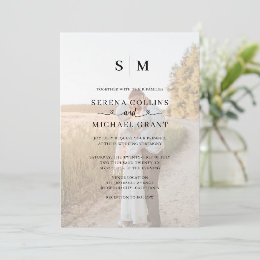 Photo Heart Script QR Code Wedding Einladung (Stehend Vorderseite)