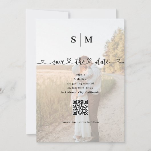 Photo Heart Script QR Code Wedding Save The Date (Vorderseite)