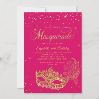 Photo Magenta Pink Gold Masquerade Birthday Einladung