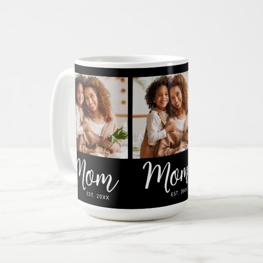 Photo Mom Established Date Black White Script Gift Kaffeetasse (Vorderseite Links)