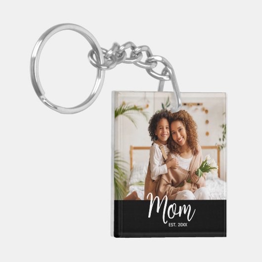 Photo Mom Established Date White Script on Black Schlüsselanhänger (Vorderseite links)